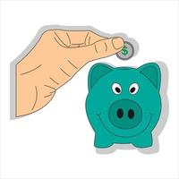 Illustration of a hand putting a dollar coin into a piggy bank. Cartoon vector illustration