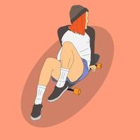 Beautiful girl in a skateboard. Cartoon character minimal style. Vector illustration