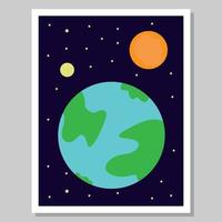 Wall art. Image view of earth, moon, sun and stars in outer space. Suitable for wall decoration in the room. Vector illustration