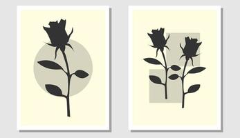 arte mural botánico. diseño de flores de rosas negras. círculos y cuadrados geométricos. adecuado para la decoración de la pared de la sala de estar. ilustración vectorial vector