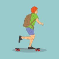 A man using a bag is going on his skateboard. Cartoon minimal style. Flat vector illustration
