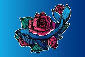 Whale and pink roses hand drawn vector illustration