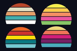 Retro sunset collection for banner or print. 80s style retrowave striped circles with mountains and forest trees vector