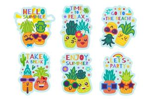 Nice Hello Summer Cute Pineapples Stickers Set vector