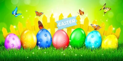 Beautiful Easter background with colorful Easter eggs. 3d illustration photo