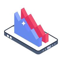 Mountains chart inside smartphone, isometric icon of statistical app vector