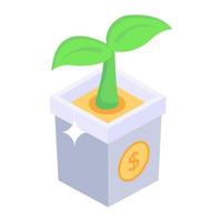 Potted plant with dollar, financial growth icon in isometric style vector