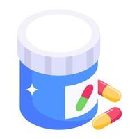 Editable icon of pills jar, isometric vector of antibiotic,