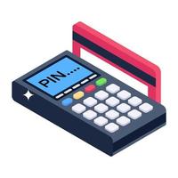 Cash till with atm card, point of sale machine icon in isometric design vector