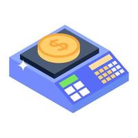 Icon of dollar weighing machine in isometric design, weight scale vector