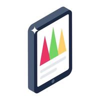 Mountains on a chart to represent curve graph inside smartphone, isometric icon of mobile statistics vector