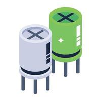 Electronic component icon in isometric style, capacitors vector