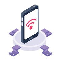 Isometric design of wireless network inside smartphone, mobile wifi icon vector