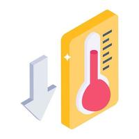 Thermometer with down arrow denoting isometric icon of temperature down vector