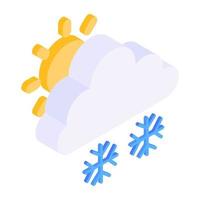 nube con sol y copos de nieve que denotan icono isométrico de día nevado vector