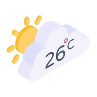 Cloud with sun and snowflakes denoting isometric icon of snowy day vector