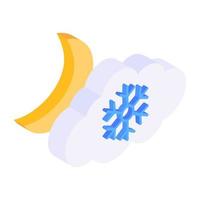 Snowflakes falling from cloud with moon denoting night snowfall icon vector