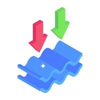Waves with down arrows denoting isometric icon of water level down vector