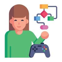 persona con gamepad y diagrama de flujo, concepto de icono plano de escritor de jugador vector
