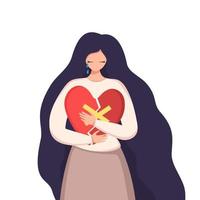 Woman hugs broken heart glued with plaster and cries. Concept of grief, hope and self care. Vector flat illustration