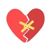 Red heart, torn into 2 parts and glued with patch. Concept of broken love, sad end of relationship, lack of care and help. Vector flat illustration