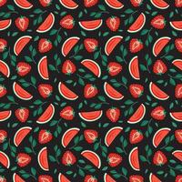 Seamless pattern with red strawberries, watermelon and leaves. Cute summer or spring print with berries on dark background. Festive decoration for textiles, wrapping paper. Vector flat illustration