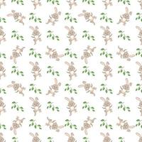 Happy Easter seamless pattern. Festive decoration print with rabbit and green twig and leaves on white background. Elements for wrapping paper, textiles and decor. Vector flat illustration