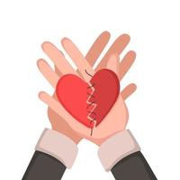 Hands holding broken heart fixed with adhesive tape. Help, care and support concept. Vector flat illustration