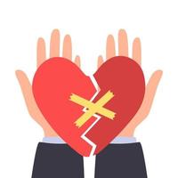 Hands holding broken heart fixed with adhesive tape. Help, care and support concept. Vector flat illustration