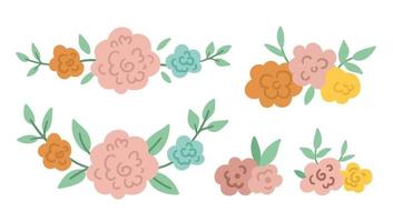 conjunto de elementos decorativos horizontales florales vectoriales. colección de ilustraciones planas con flores rosas, hojas, ramas. hermoso ramo de primavera o verano aislado sobre fondo blanco vector