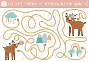 Mothers day maze for children. Holiday preschool printable educational activity. Funny family love game or puzzle with cute animals. Mother and baby labyrinth. Help little deer bring flower to mom. vector