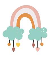 arco iris vectorial boho con colgantes. icono bohemio aislado sobre fondo blanco. ilustración adornada celestial. vector