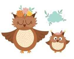 Vector hand drawn baby owl with parent isolated on white. Funny bohemian style woodland bird scene showing family love. Cute boho forest illustration for card, print, stationery design.