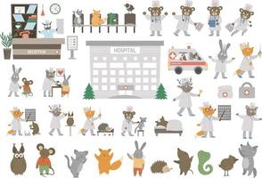 gran conjunto médico vectorial con animales. lindo y divertido edificio del hospital, camión de ambulancia, sala de recepción, médicos, pacientes aislados en blanco. concepto de atención médica para niños. vector