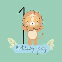 fiesta de cumpleaños, tarjeta de felicitación, invitación de fiesta. ilustración infantil con un lindo león y una inscripción. ilustración vectorial en estilo de dibujos animados vector