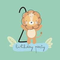 fiesta de cumpleaños, tarjeta de felicitación, invitación de fiesta. ilustración infantil con un lindo león y una inscripción dos. ilustración vectorial en estilo de dibujos animados vector