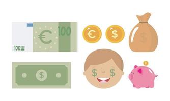Cartoon set with Money, Bag of Money, piggy bank, Businessman. Vector illustration