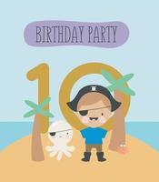 fiesta de cumpleaños, tarjeta de felicitación, invitación de fiesta. ilustración infantil con pequeño pirata y una inscripción diez. ilustración vectorial en estilo de dibujos animados.