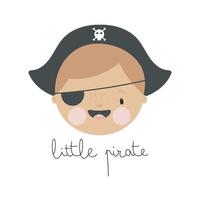 pequeño pirata en estilo de dibujos animados. ilustración vectorial para cosas de niños, tarjetas, carteles, pancartas, libros para niños, impresión en el paquete, impresión en ropa, tela, papel pintado, textil o platos. vector