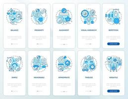 Design principles blue onboarding mobile app screen set. Visual content walkthrough 5 steps graphic instructions pages with linear concepts. UI, UX, GUI template. Myriad Pro-Bold, Regular fonts used vector