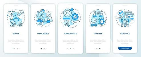 Buenas características de diseño del logotipo Pantalla azul de la aplicación móvil de incorporación. tutorial de marca 5 pasos páginas de instrucciones gráficas con conceptos lineales. interfaz de usuario, ux, plantilla de interfaz gráfica de usuario. innumerables fuentes pro-negrita y regulares utilizadas vector