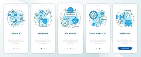 principios de diseño gráfico pantalla de aplicación móvil de incorporación azul. tutorial de obras de arte páginas de instrucciones gráficas de 5 pasos con conceptos lineales. interfaz de usuario, ux, plantilla de interfaz gráfica de usuario. innumerables fuentes pro-negrita y regulares utilizadas vector