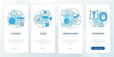 Principles of graphic design blue onboarding mobile app screen. Designer walkthrough 4 steps graphic instructions pages with linear concepts. UI, UX, GUI template. Myriad Pro-Bold, Regular fonts used vector