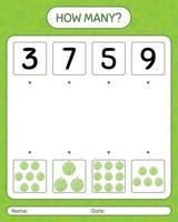 How many counting game with melon. worksheet for preschool kids, kids activity sheet, printable worksheet vector