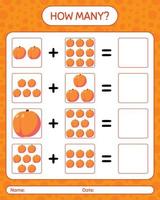 How many counting game with peach. worksheet for preschool kids, kids activity sheet, printable worksheet vector