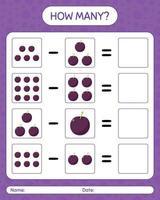 How many counting game plum. worksheet for preschool kids, kids activity sheet, printable worksheet vector