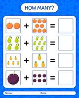 How many counting game with fruit. worksheet for preschool kids, kids activity sheet, printable worksheet vector