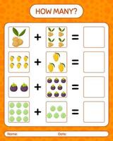 How many counting game with fruit. worksheet for preschool kids, kids activity sheet, printable worksheet vector