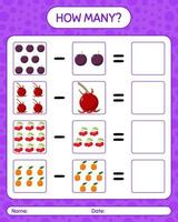 How many counting game with fruit. worksheet for preschool kids, kids activity sheet, printable worksheet vector