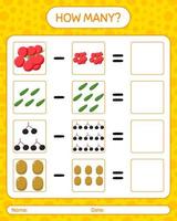 How many counting game with fruit. worksheet for preschool kids, kids activity sheet, printable worksheet vector